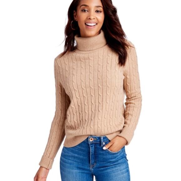 VINEYARD VINES Cashmere Coral Lane Turtleneck Cable Knit Camel Heather Tan {Z36} - Picture 1 of 3